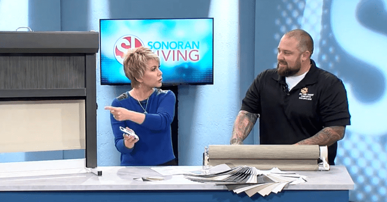 All Pro Shade Concepts owner, Robert Mulvin (on the right), and TV host, Beth McDonald (on the left), in the set of ABC 15's Sonoran Living.
