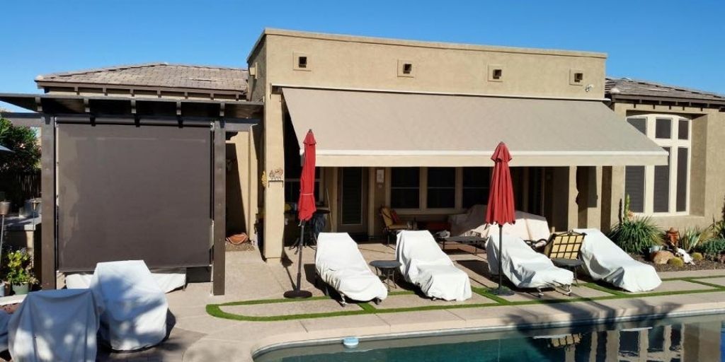 Poolside retractable awning and shades