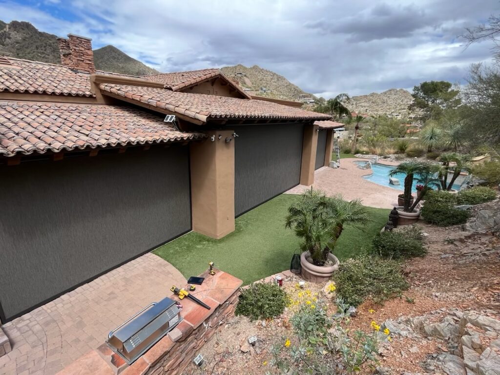 Arizona Home Landscape Idea with Outdoor Motorized Shade in Patio