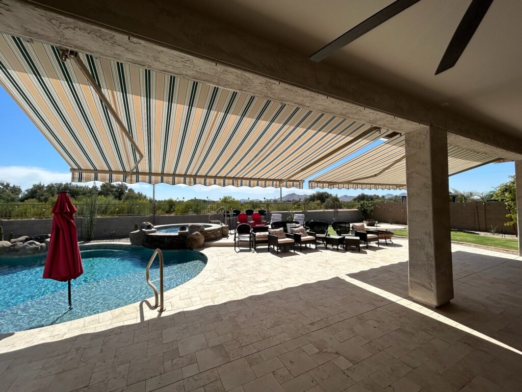 Retractable awning motorized remote control sunbrella shade installation phoenix mesa scottsdale cave creek queen creek arizona -3