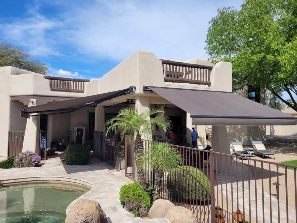 Retractable awning motorized remote control sunbrella shade installation phoenix mesa scottsdale cave creek queen creek arizona -3