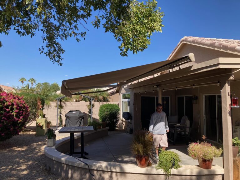 Retractable awning motorized remote control sunbrella shade installation phoenix mesa scottsdale cave creek queen creek arizona -3