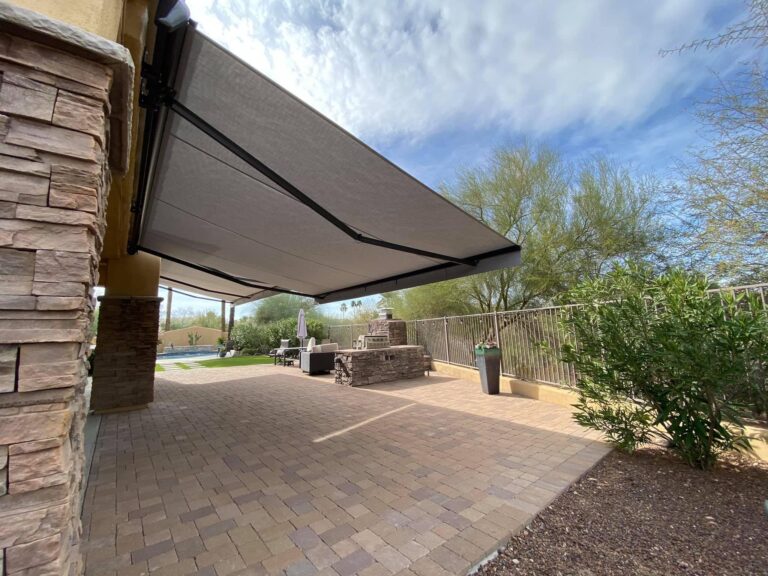 Retractable awning motorized remote control sunbrella shade installation phoenix mesa scottsdale cave creek queen creek arizona -3