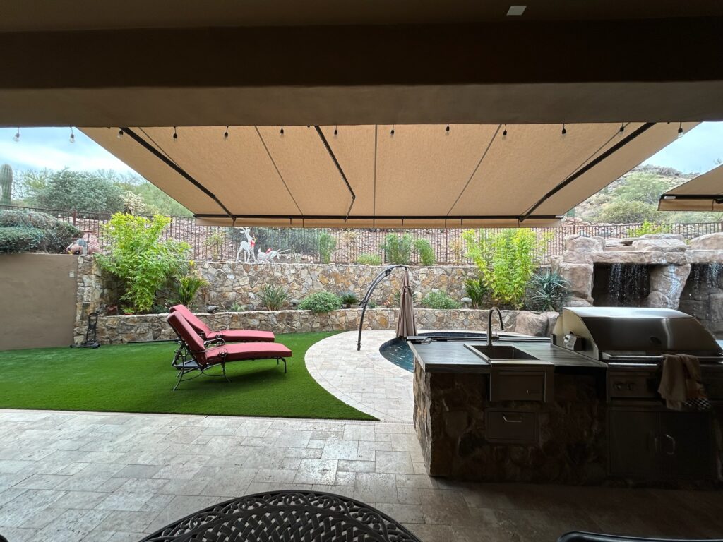 Retractable awning motorized remote control sunbrella shade installation phoenix mesa scottsdale cave creek queen creek arizona -3