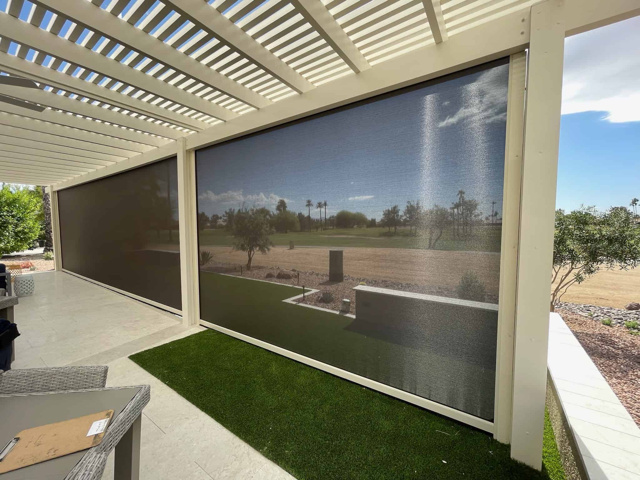 Drop-Down Patio Shade for Daylight Filtering and Heat Reduction