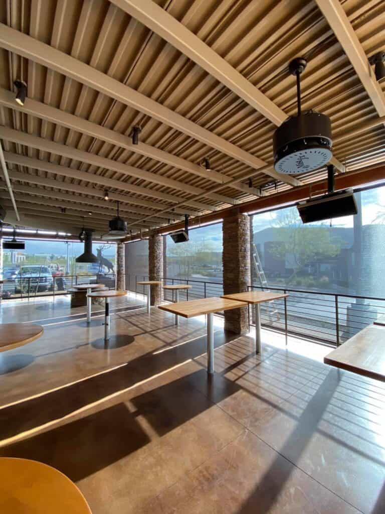 Commercial Shade System Covering an Open-Air Dining Area