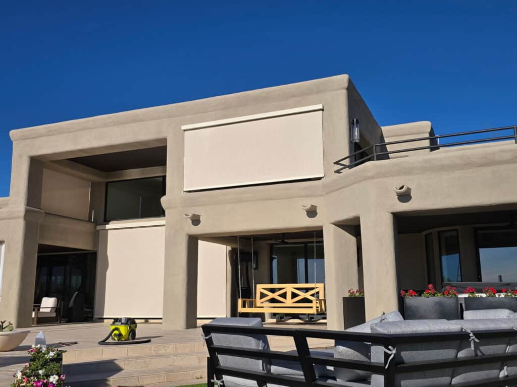 Exterior Roller Shades Installed on Modern Home Patio