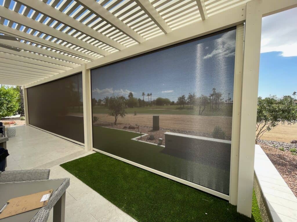 Drop Roller Shades Over Patio With Artificial Turf