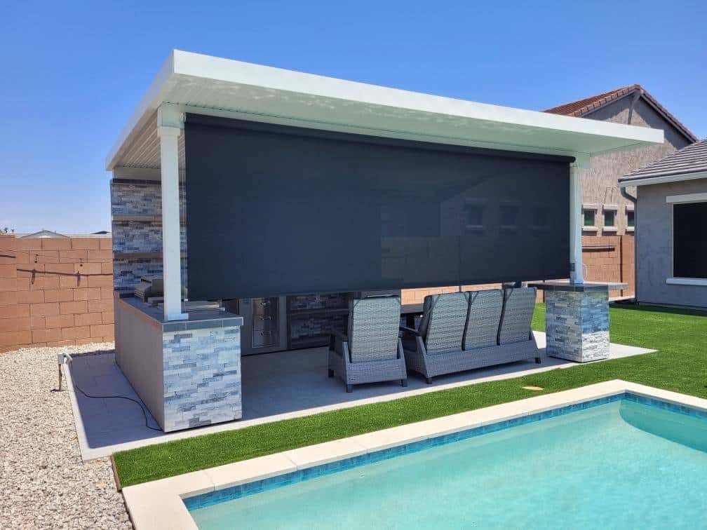 Sealed Track Patio Shade Beside Backyard Pool