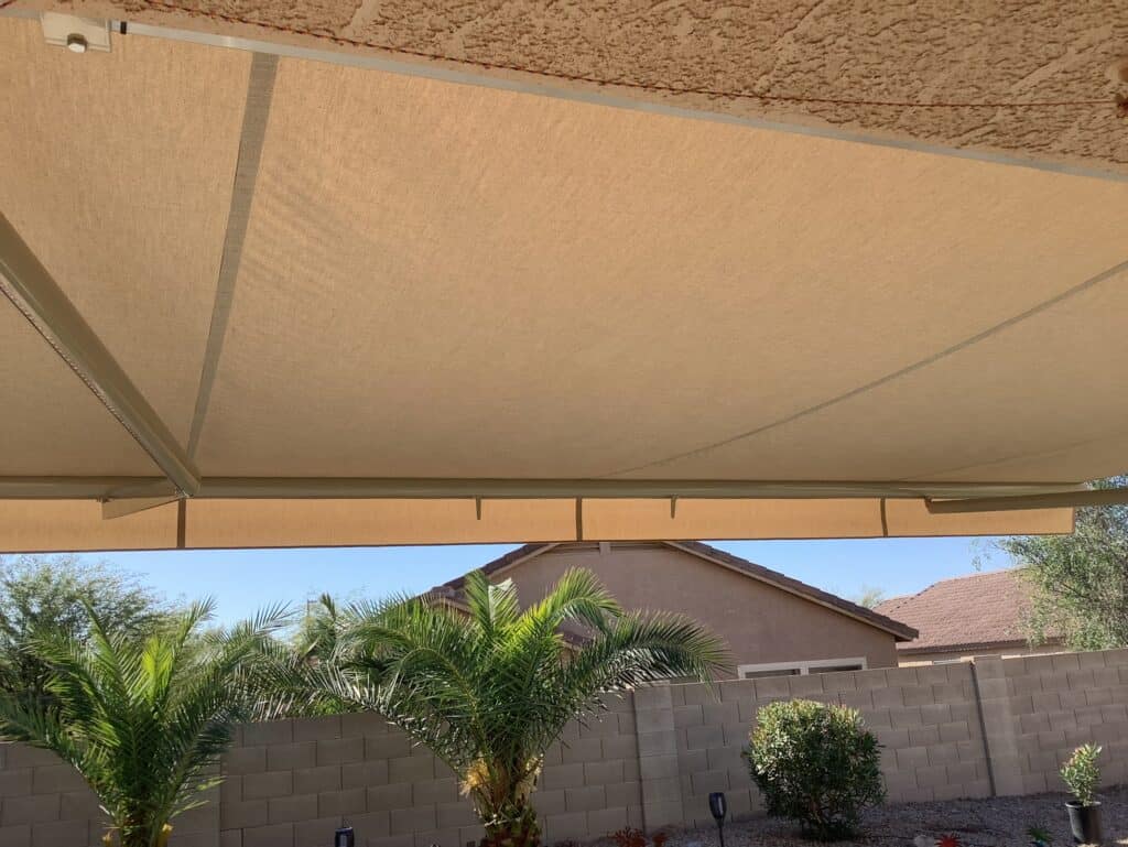 Detail View of Sunbrella Fabric and Durable Arm Construction on a Retractable Awning