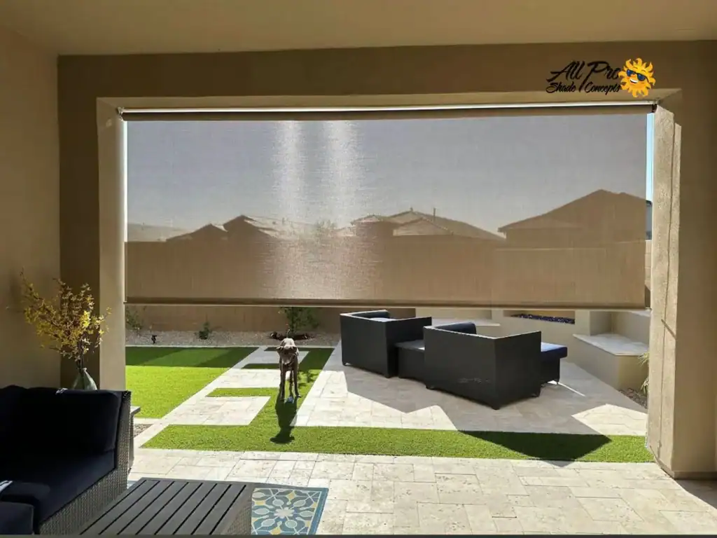 Partially Lowered Patio Privacy Shade Facing Neighboring Homes